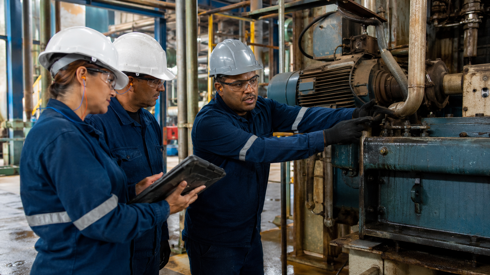 Equipe técnica avaliando riscos em uma instalação industrial