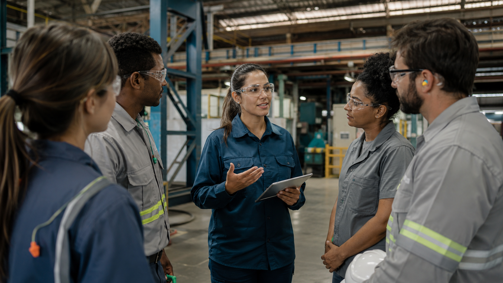 Equipe industrial participando de uma avaliação preventiva da organização do trabalho
