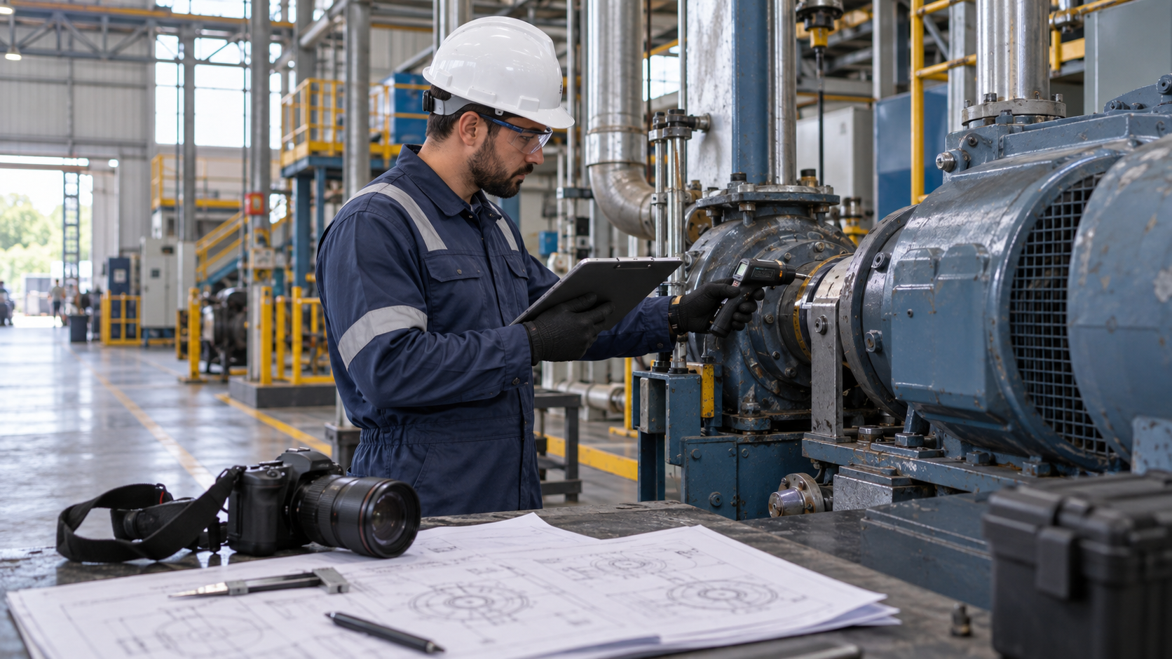 Engenheiro realizando inspeção pericial em equipamento industrial