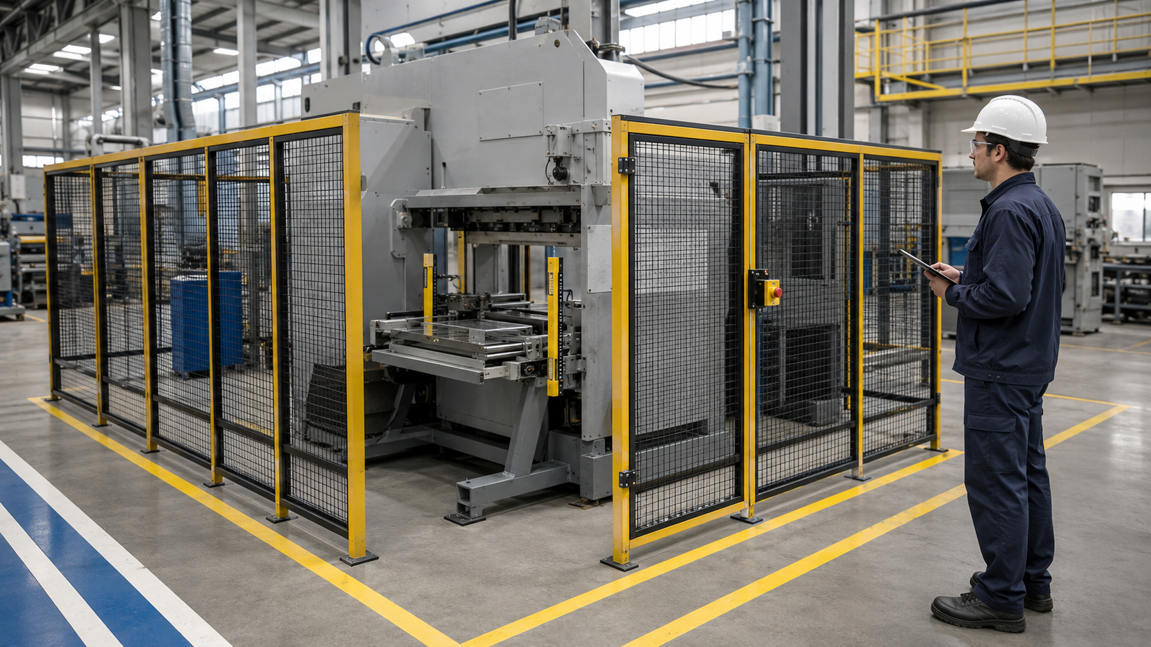 Máquina industrial protegida por grades, intertravamento e cortina de luz