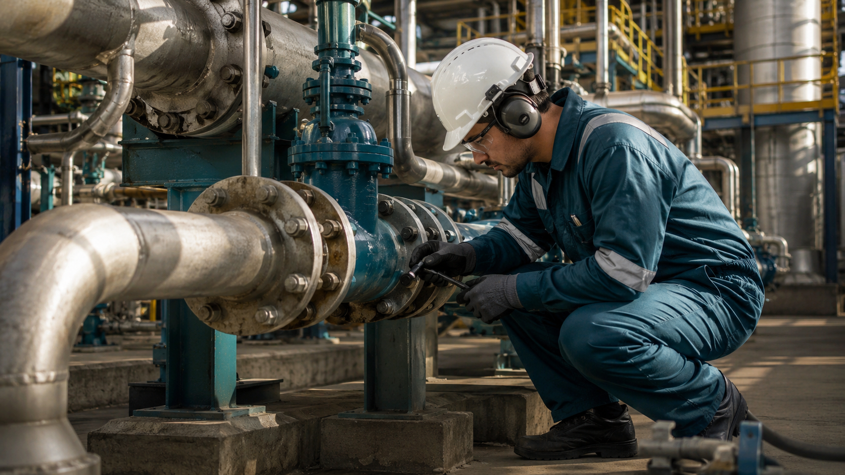 Inspetor avaliando uma conexão flangeada em uma rede de tubulações industriais