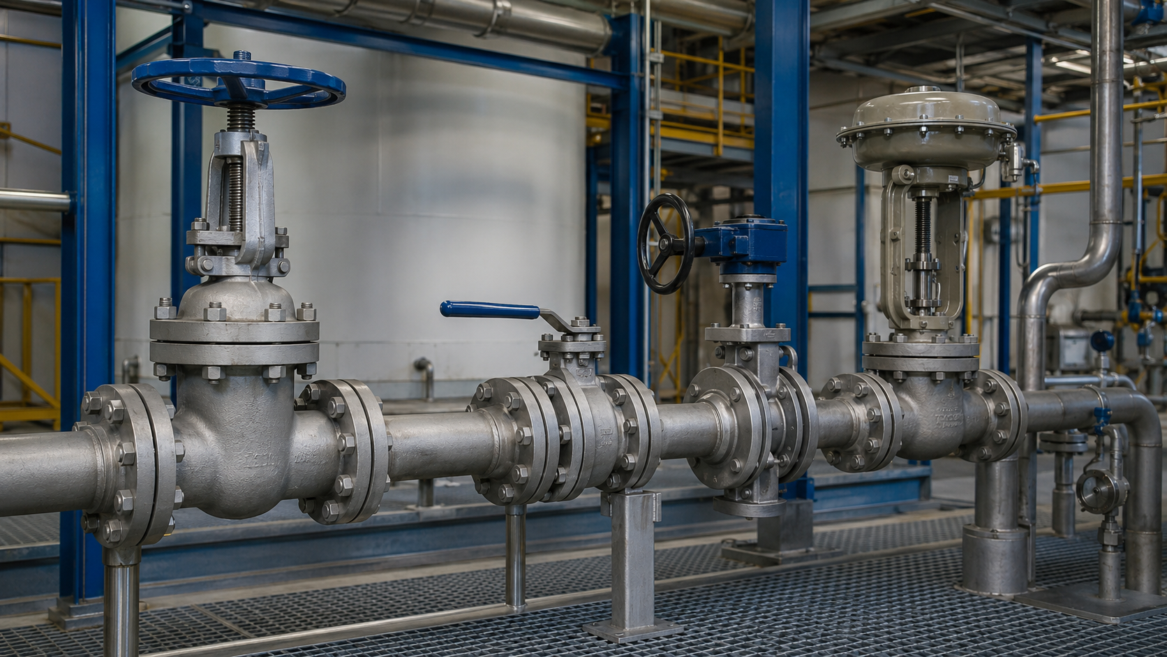 Conjunto de válvulas instalado em tubulações industriais
